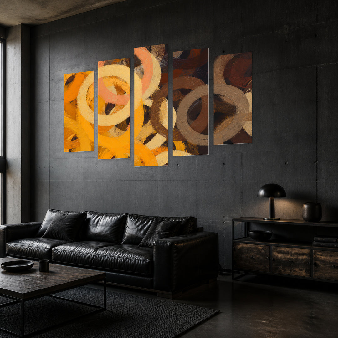 Circles with Oil Paints Modern Composition — five-panel wall art in perspective interior | 5wallart 51738 M2