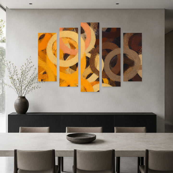 Circles with Oil Paints Modern Composition — five-panel wall art in frontal interior | 5wallart 51738 M3