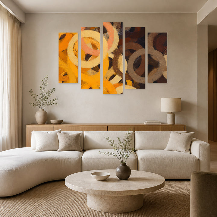 Circles with Oil Paints Modern Composition — five-panel wall art in alternate frontal interior | 5wallart 51738 M4