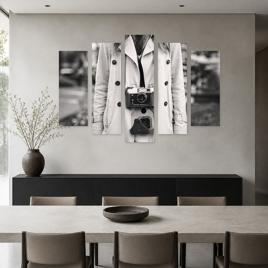 Woman with a Retro Camera in Serene Light — five-panel wall art in frontal interior | 5wallart 51744 M3