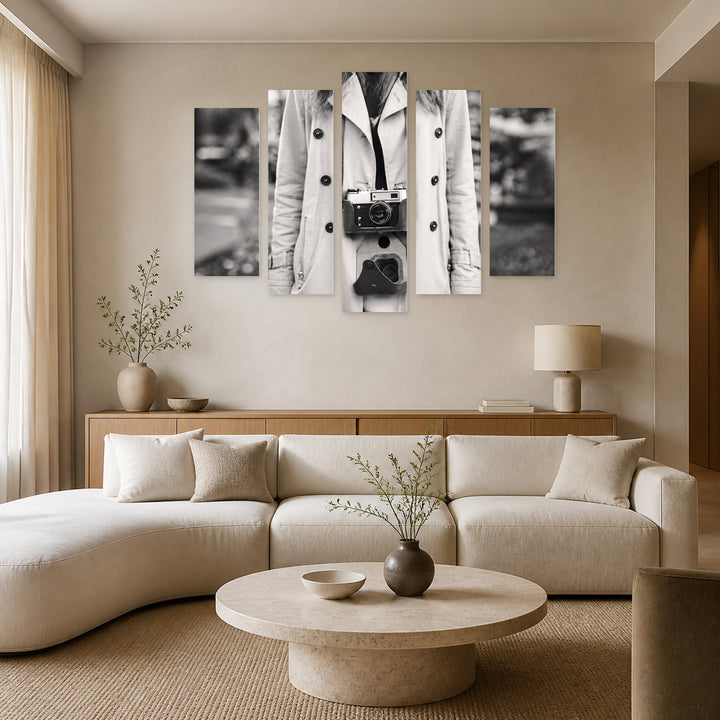 Woman with a Retro Camera in Serene Light — five-panel wall art in alternate frontal interior | 5wallart 51744 M4