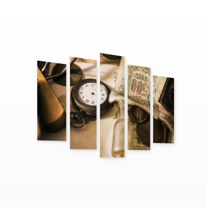 Various Antique Items in Serene Light — five-panel wall art on white background in perspective | 5wallart 51750 M1