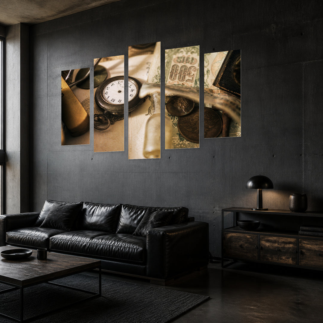 Various Antique Items in Serene Light — five-panel wall art in perspective interior | 5wallart 51750 M2