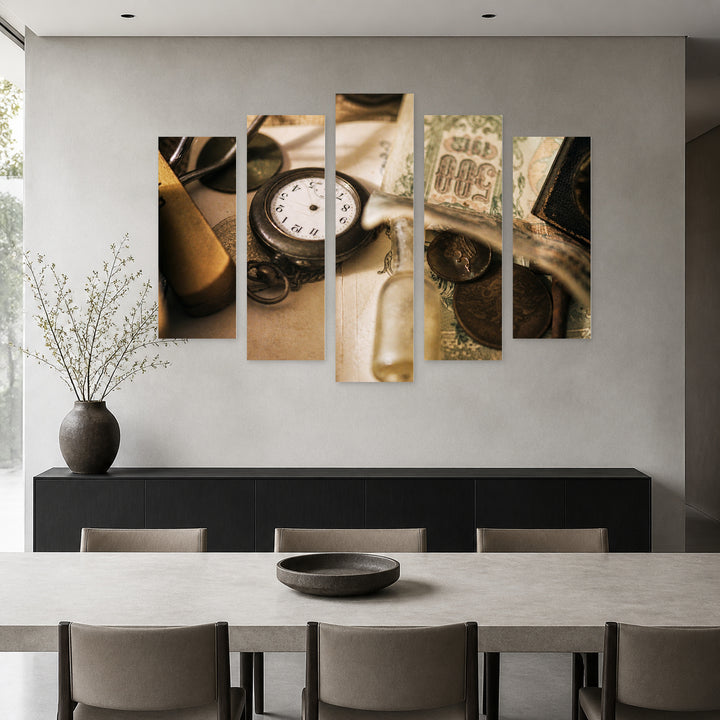 Various Antique Items in Serene Light — five-panel wall art in frontal interior | 5wallart 51750 M3