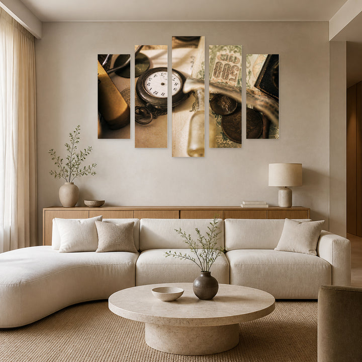 Various Antique Items in Serene Light — five-panel wall art in alternate frontal interior | 5wallart 51750 M4