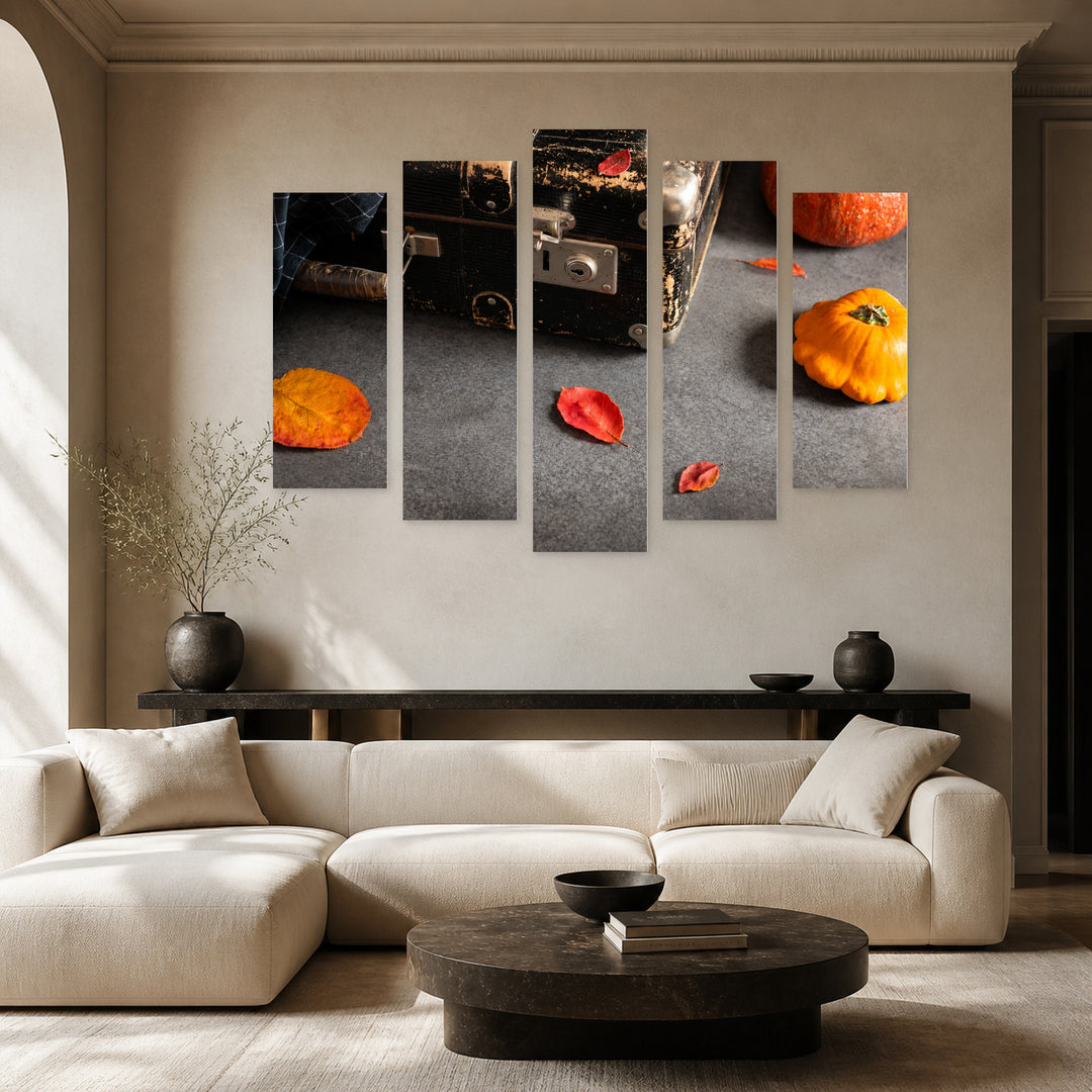 Vintage Suitcase in Serene Light — five-panel wall art in alternate frontal interior | 5wallart 51752 M4