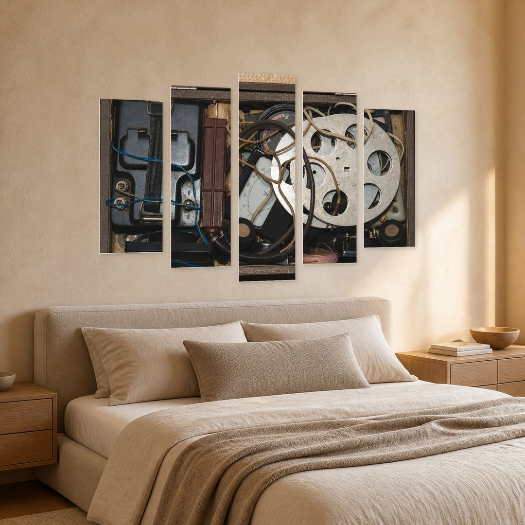 Suitcase with Various Vintage Items in Soft Pastels — five-panel wall art in perspective interior | 5wallart 51753 M2