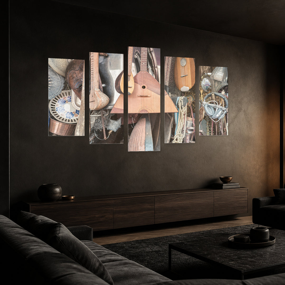 Old and Antique Items in Soft Pastels — five-panel wall art in perspective interior | 5wallart 51755 M2