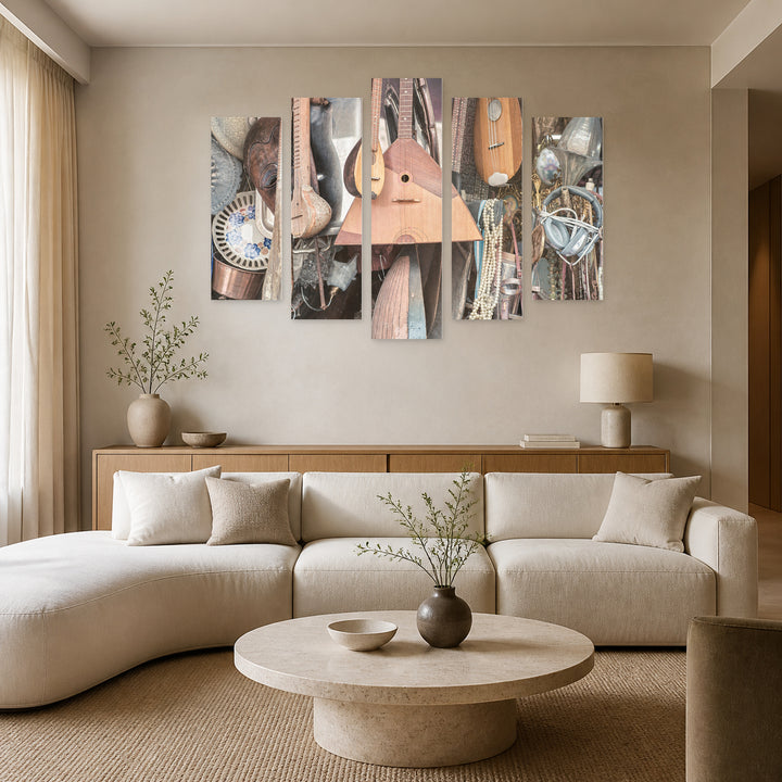 Old and Antique Items in Soft Pastels — five-panel wall art in frontal interior | 5wallart 51755 M3