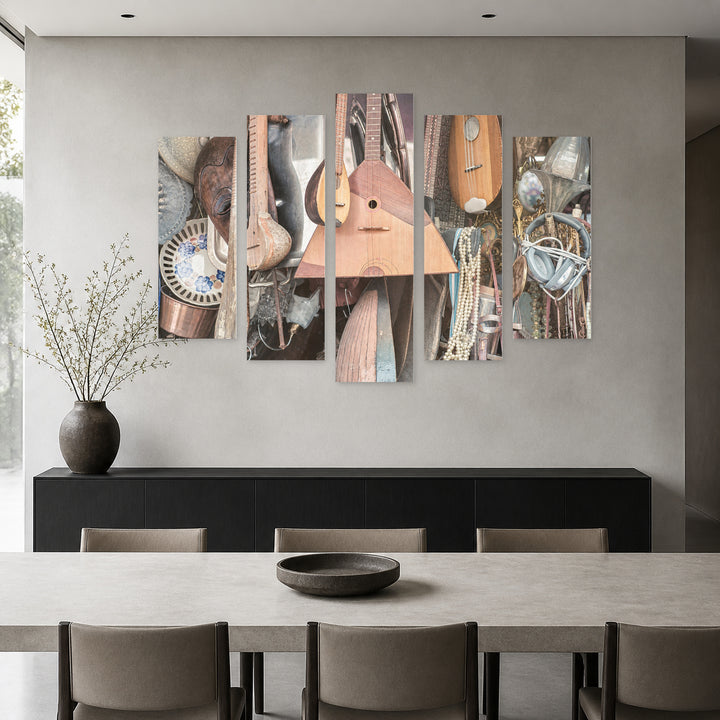 Old and Antique Items in Soft Pastels — five-panel wall art in alternate frontal interior | 5wallart 51755 M4