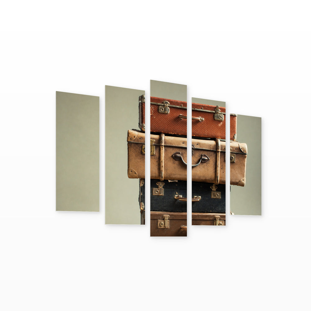 Pile of Vintage Suitcases Vintage Study — five-panel wall art on white background in perspective | 5wallart 51756 M1