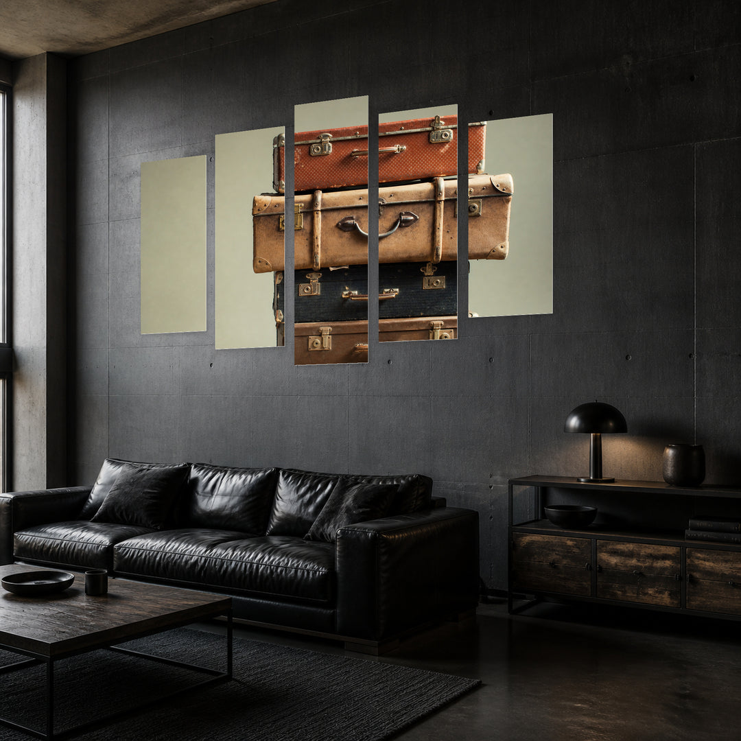 Pile of Vintage Suitcases Vintage Study — five-panel wall art in perspective interior | 5wallart 51756 M2