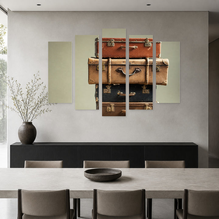 Pile of Vintage Suitcases Vintage Study — five-panel wall art in frontal interior | 5wallart 51756 M3