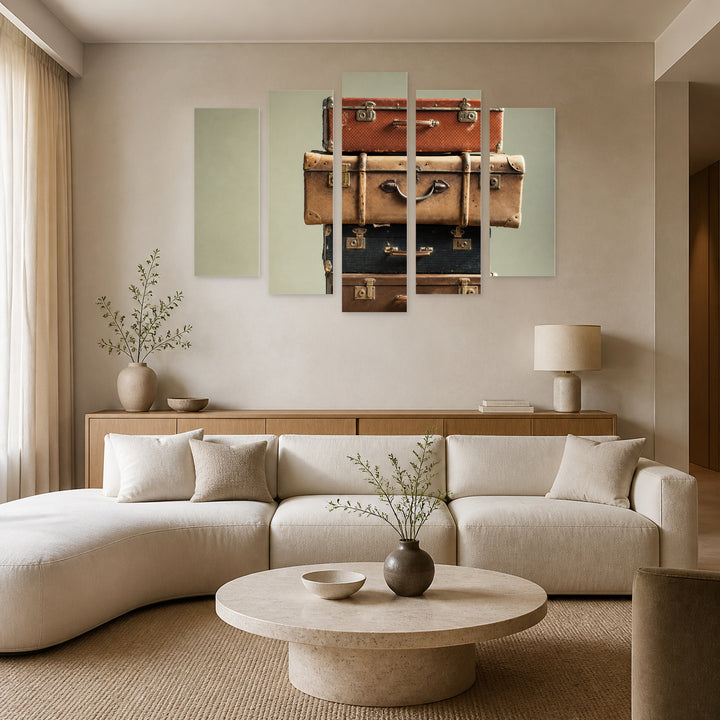Pile of Vintage Suitcases Vintage Study — five-panel wall art in alternate frontal interior | 5wallart 51756 M4