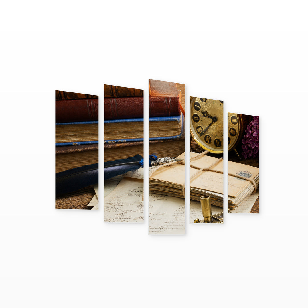 Letters, Books and an Antique Clock — five-panel wall art on white background in perspective | 5wallart 51759 M1