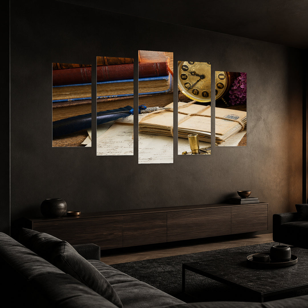 Letters, Books and an Antique Clock — five-panel wall art in perspective interior | 5wallart 51759 M2