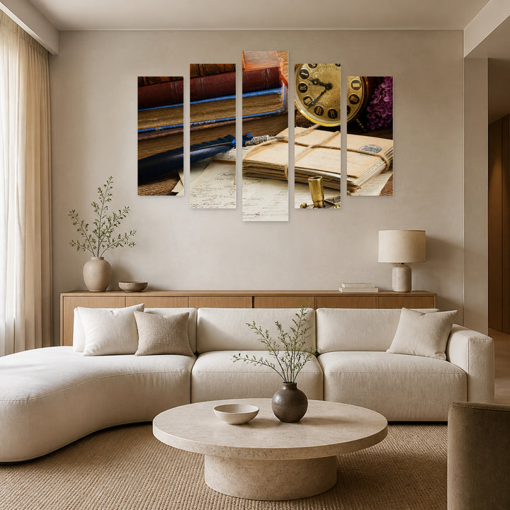 Letters, Books and an Antique Clock — five-panel wall art in frontal interior | 5wallart 51759 M3