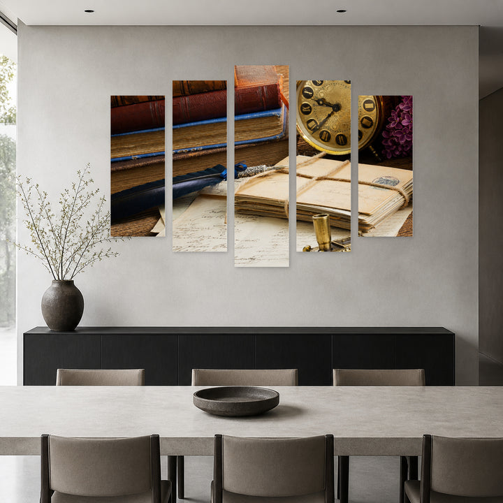 Letters, Books and an Antique Clock — five-panel wall art in alternate frontal interior | 5wallart 51759 M4
