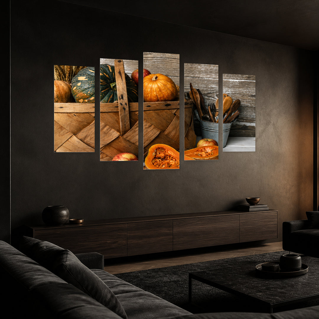 Vegetables in a Woven Basket in Vivid Color — five-panel wall art in perspective interior | 5wallart 51761 M2