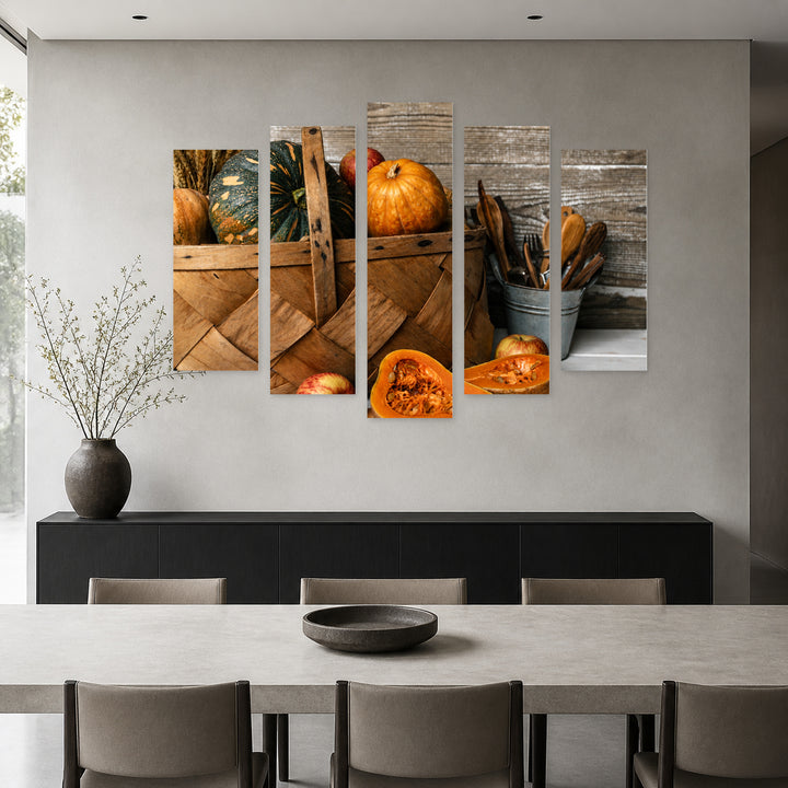Vegetables in a Woven Basket in Vivid Color — five-panel wall art in alternate frontal interior | 5wallart 51761 M4