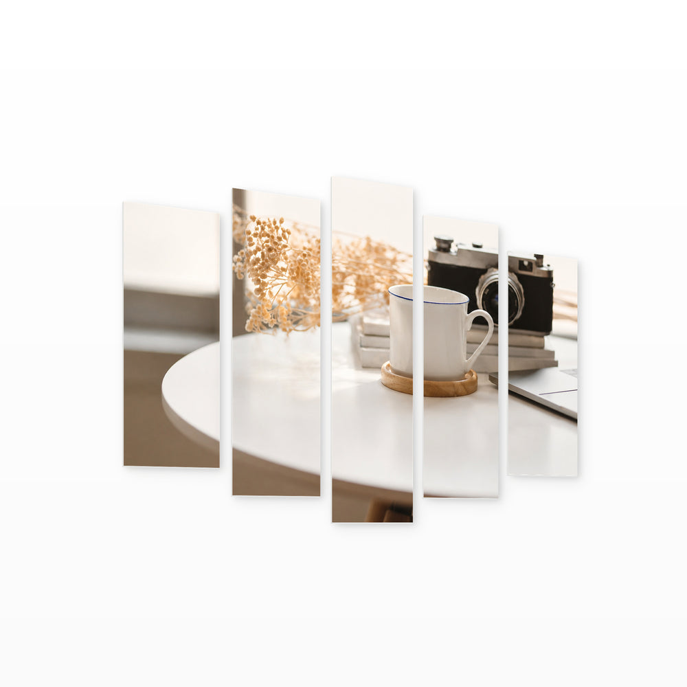 Cup of Coffee and Vintage Camera Still Life — five-panel wall art on white background in perspective | 5wallart 51769 M1