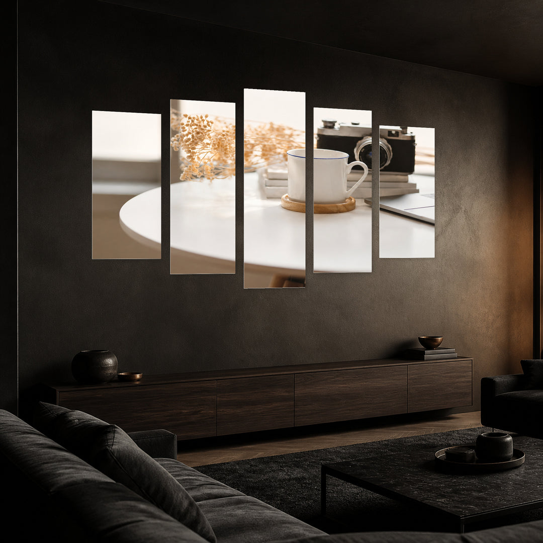 Cup of Coffee and Vintage Camera Still Life — five-panel wall art in perspective interior | 5wallart 51769 M2