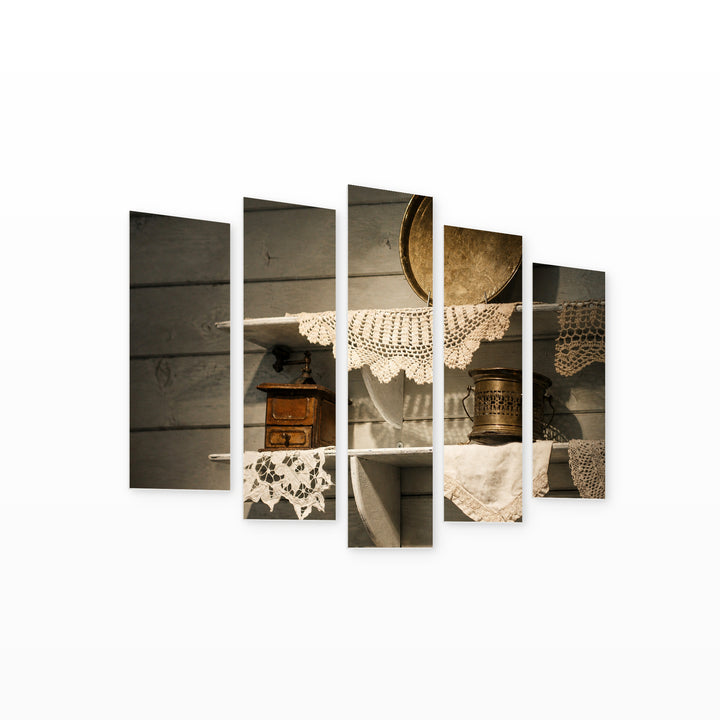 Vintage Details on Shelves with Geometric Rhythm — five-panel wall art on white background in perspective | 5wallart 51774 M1
