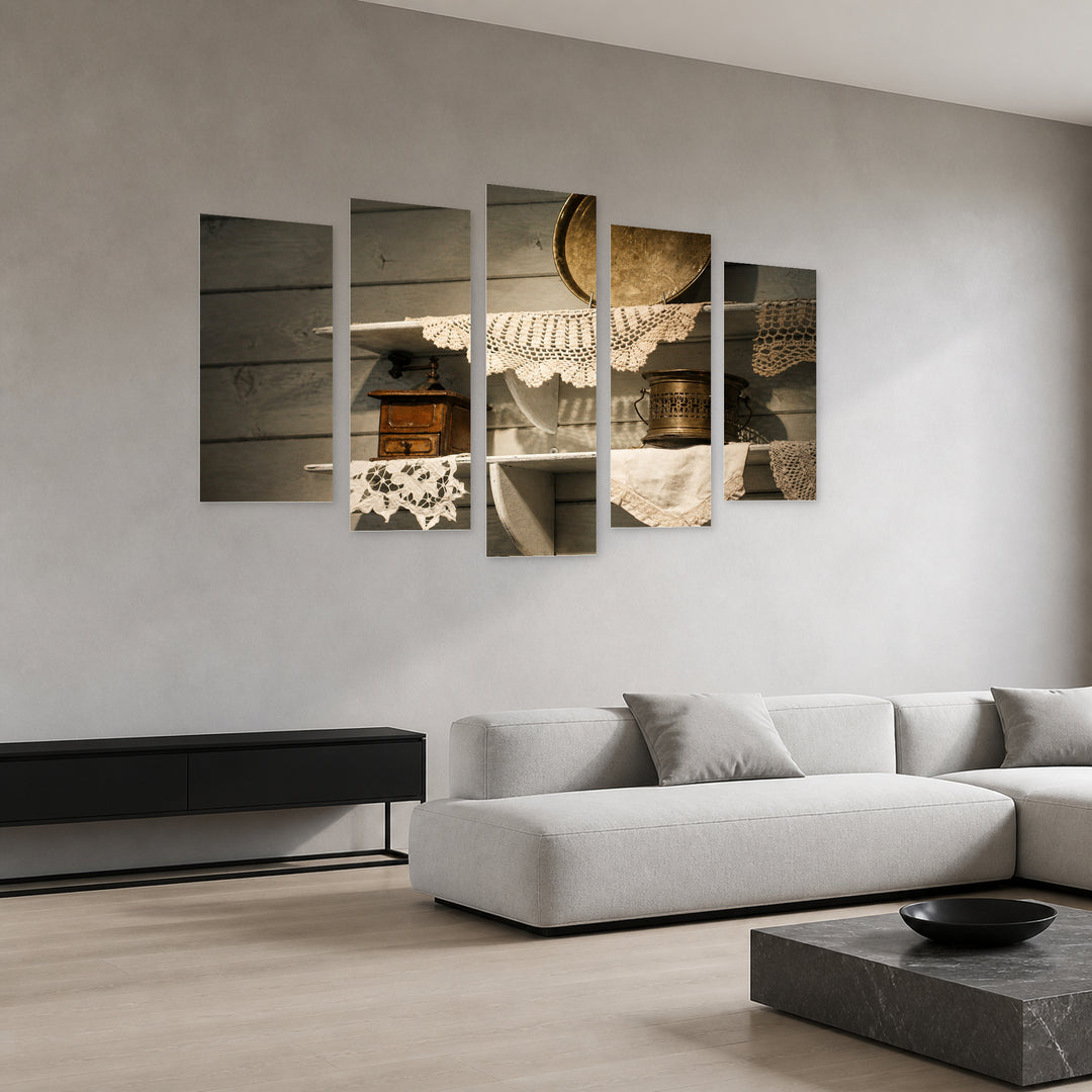 Vintage Details on Shelves with Geometric Rhythm — five-panel wall art in perspective interior | 5wallart 51774 M2