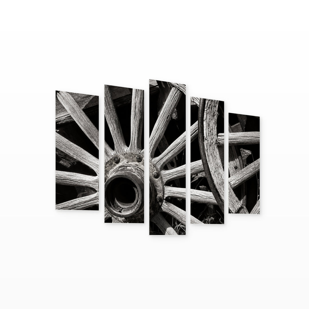 Old Wheels with Vintage Character — five-panel wall art on white background in perspective | 5wallart 51776 M1