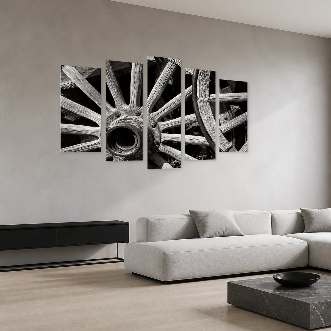 Old Wheels with Vintage Character — five-panel wall art in perspective interior | 5wallart 51776 M2