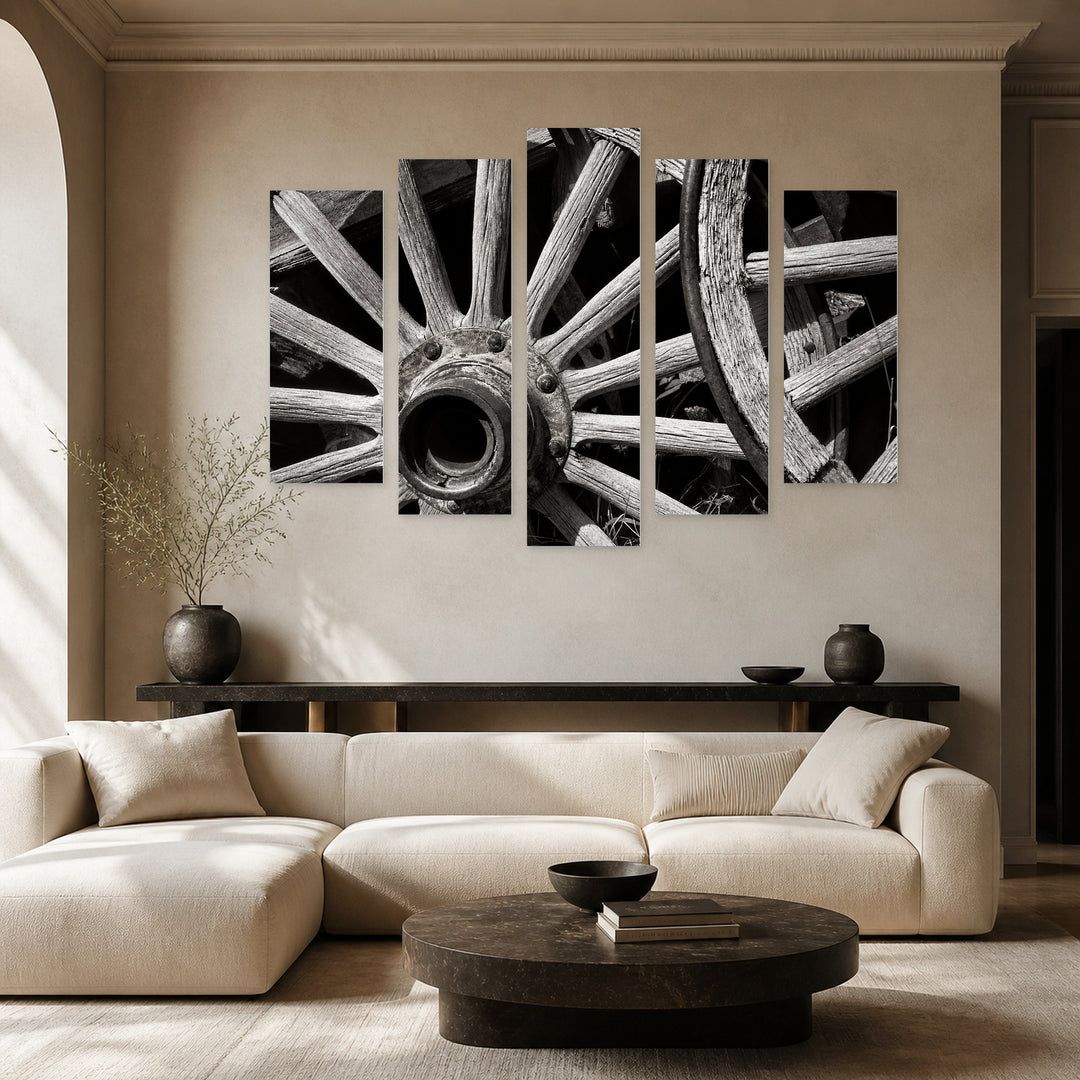 Old Wheels with Vintage Character — five-panel wall art in alternate frontal interior | 5wallart 51776 M4