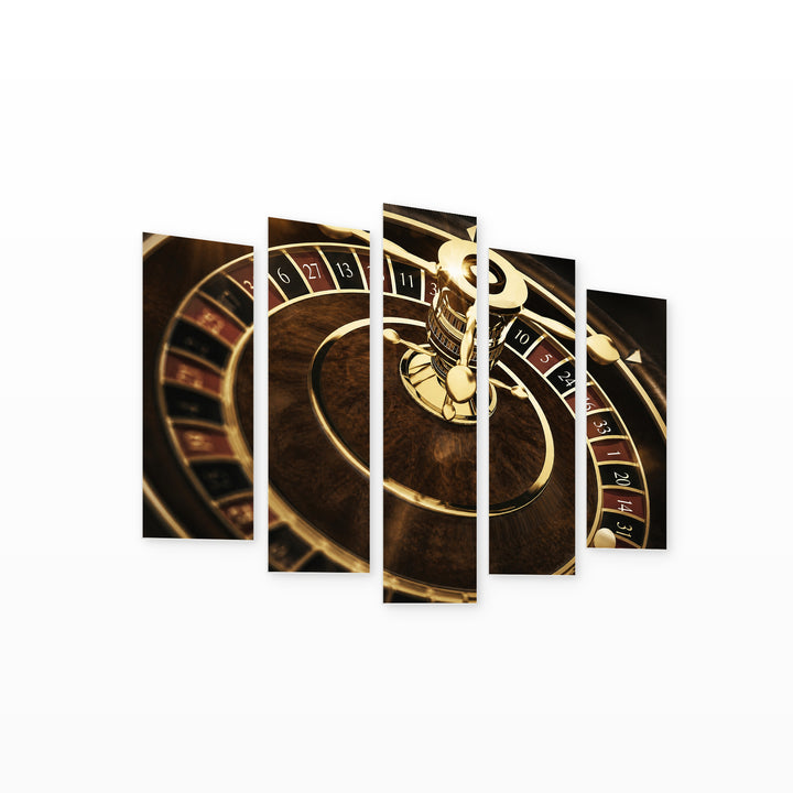 Close-up of a Roulette Wheel with Dramatic Contrast — five-panel wall art on white background in perspective | 5wallart 51779 M1