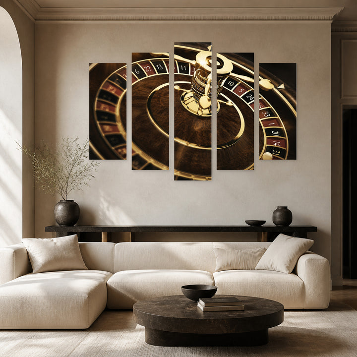 Close-up of a Roulette Wheel with Dramatic Contrast — five-panel wall art in frontal interior | 5wallart 51779 M3