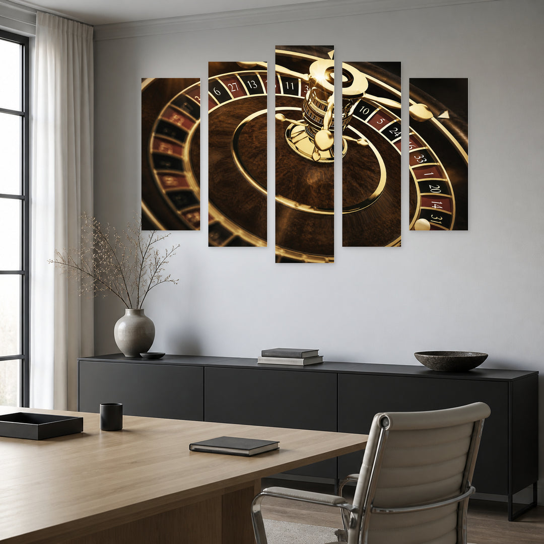 Close-up of a Roulette Wheel with Dramatic Contrast — five-panel wall art in alternate frontal interior | 5wallart 51779 M4