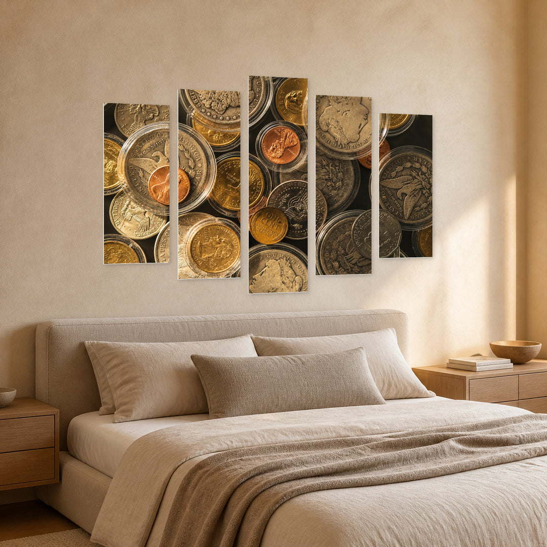 Collector's Coins in Serene Light — five-panel wall art in perspective interior | 5wallart 51781 M2