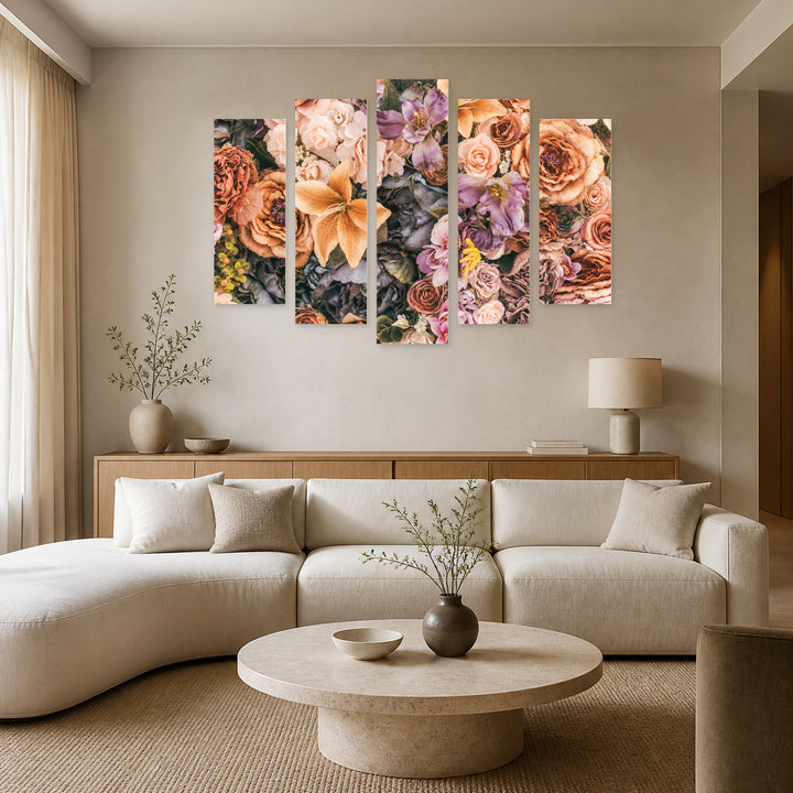 Floral Background in Serene Light — five-panel wall art in alternate frontal interior | 5wallart 51784 M4