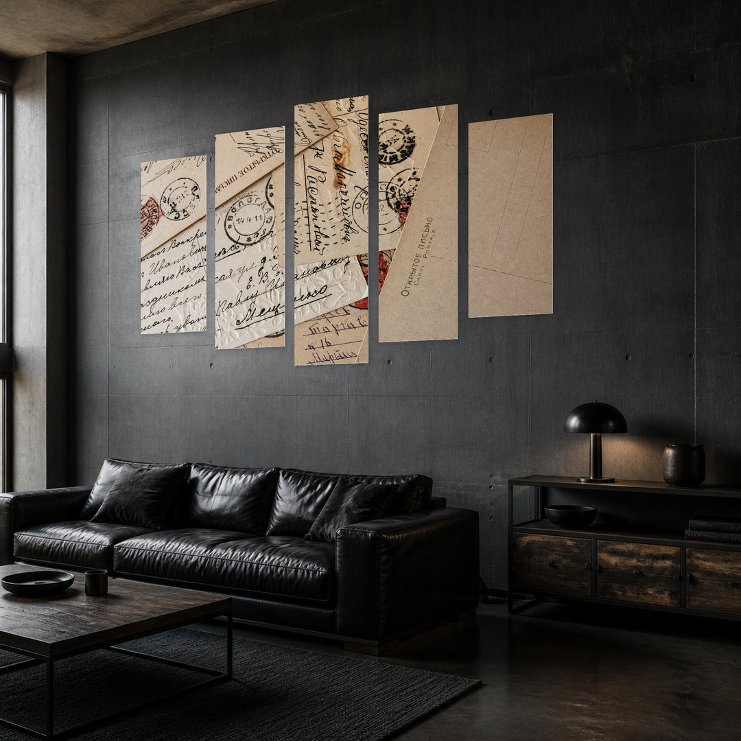 Vintage Letters Vintage Study — five-panel wall art in perspective interior | 5wallart 51790 M2