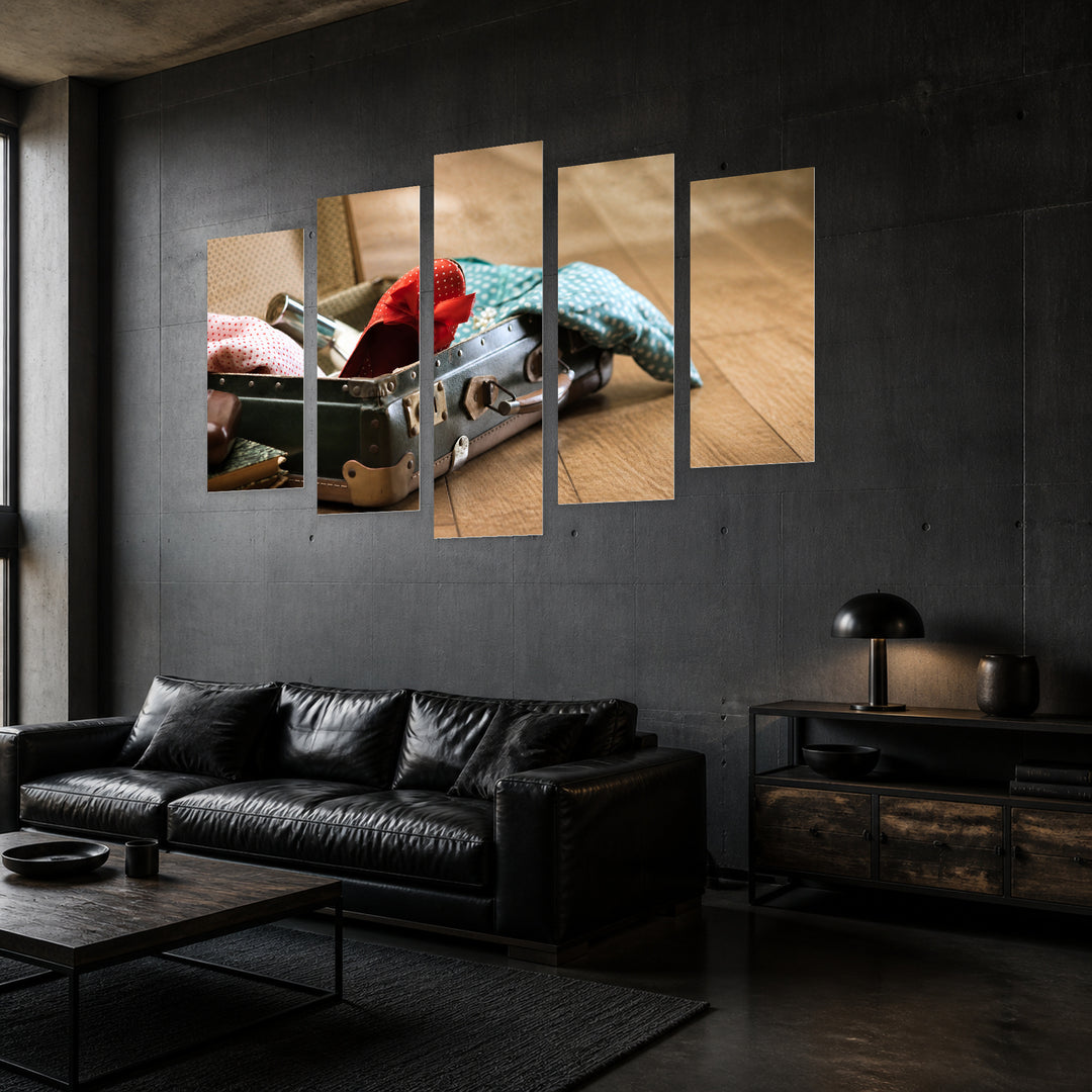 Elegant Vintage Suitcase in Serene Light — five-panel wall art in perspective interior | 5wallart 51792 M2