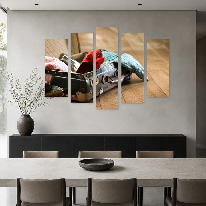 Elegant Vintage Suitcase in Serene Light — five-panel wall art in frontal interior | 5wallart 51792 M3