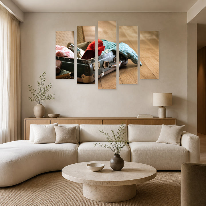 Elegant Vintage Suitcase in Serene Light — five-panel wall art in alternate frontal interior | 5wallart 51792 M4