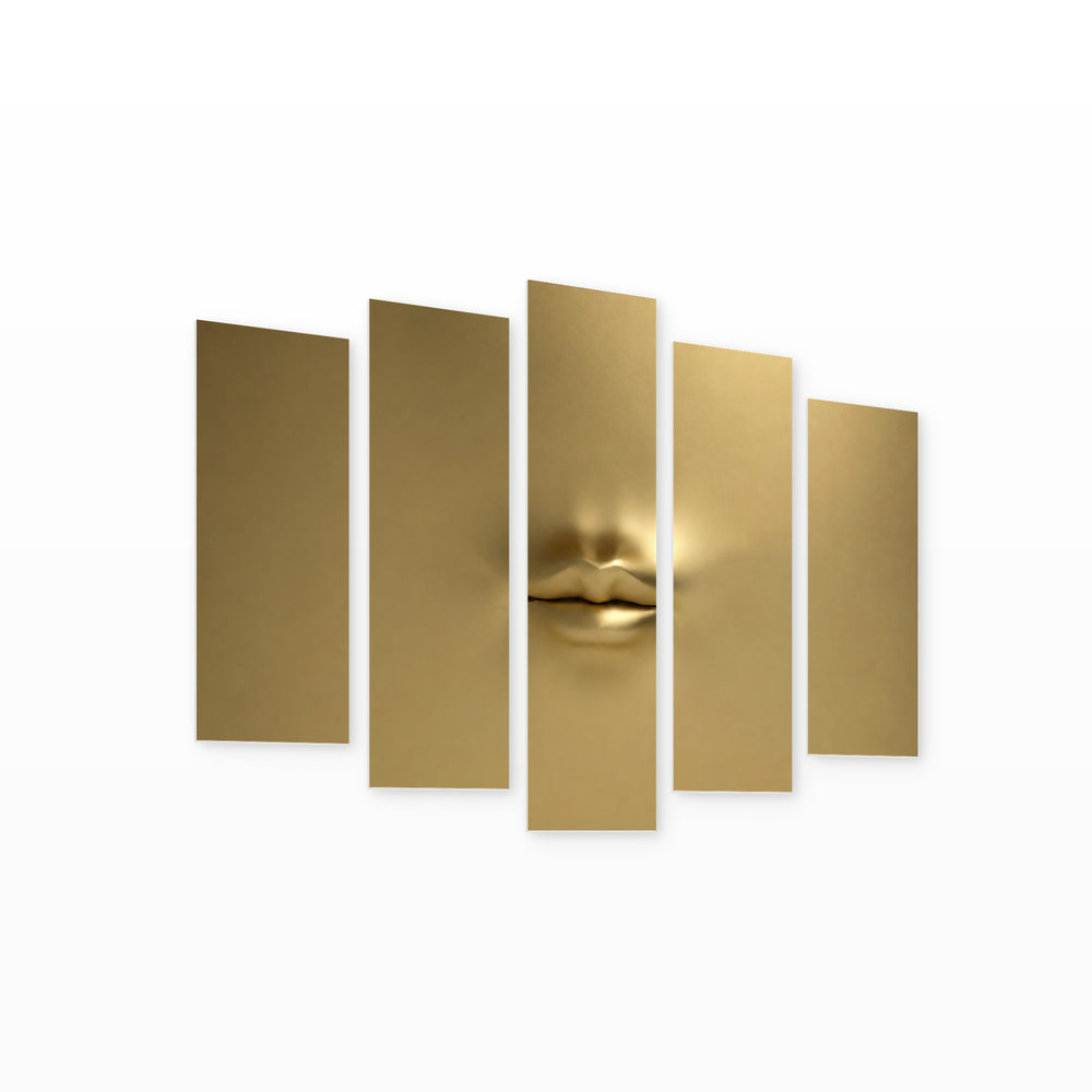 Golden Female Lips with Dramatic Contrast — five-panel wall art on white background in perspective | 5wallart 51794 M1