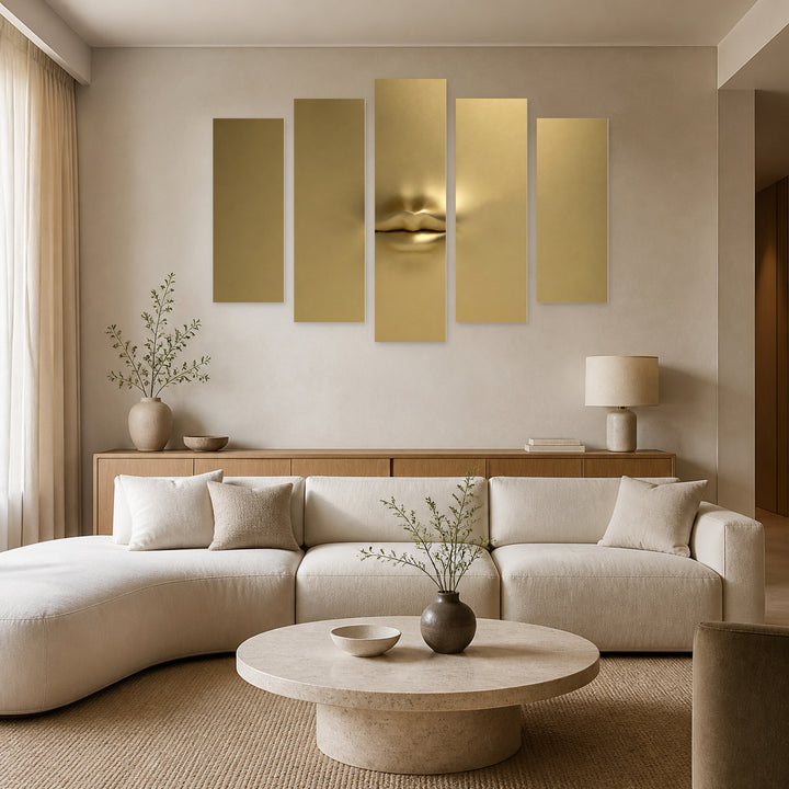 Golden Female Lips with Dramatic Contrast — five-panel wall art in alternate frontal interior | 5wallart 51794 M4