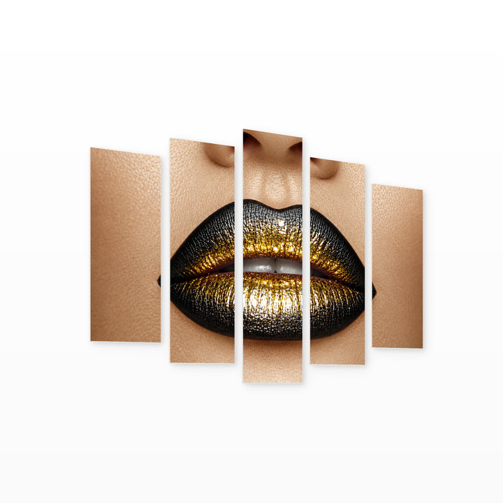 Modern Black and Gold Lips Modern Composition — five-panel wall art on white background in perspective | 5wallart 51797 M1