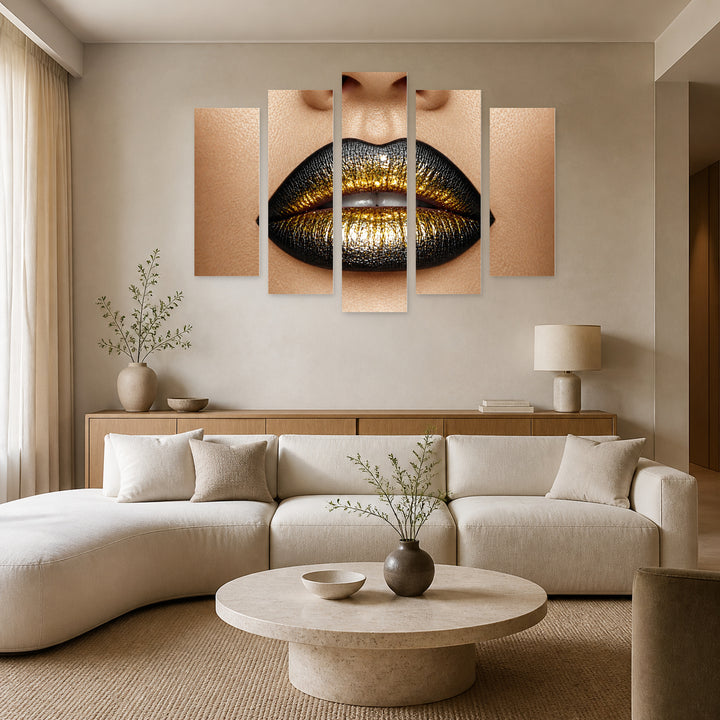 Modern Black and Gold Lips Modern Composition — five-panel wall art in frontal interior | 5wallart 51797 M3