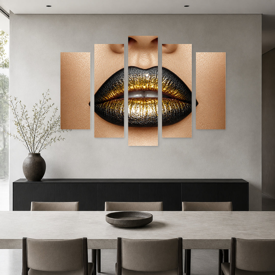 Modern Black and Gold Lips Modern Composition — five-panel wall art in alternate frontal interior | 5wallart 51797 M4