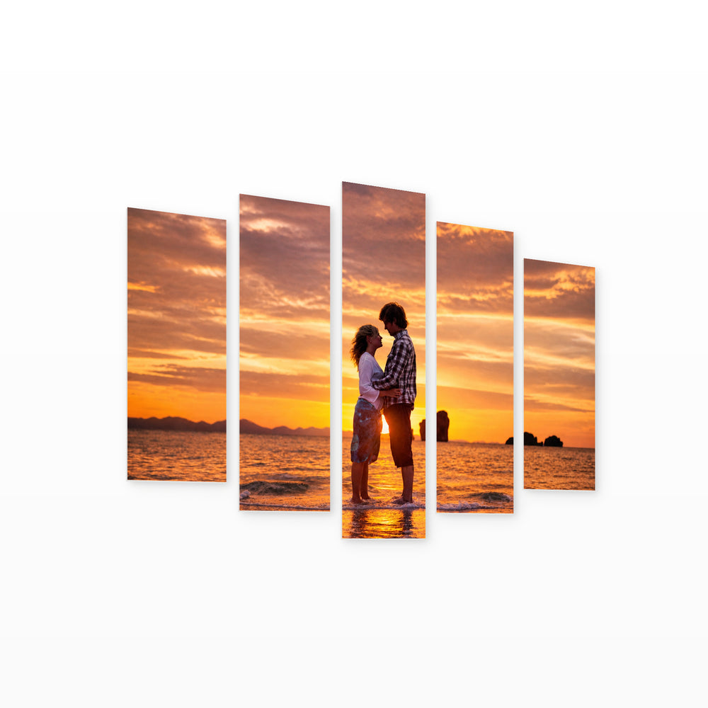Romance on the Beach at Golden Sunset — five-panel wall art on white background in perspective | 5wallart 51809 M1