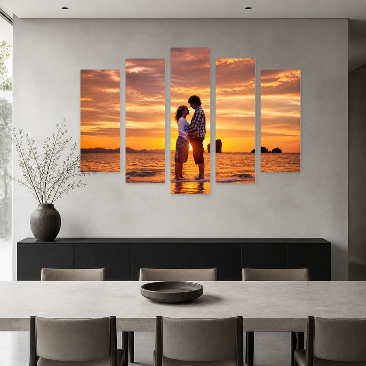 Romance on the Beach at Golden Sunset — five-panel wall art in alternate frontal interior | 5wallart 51809 M4