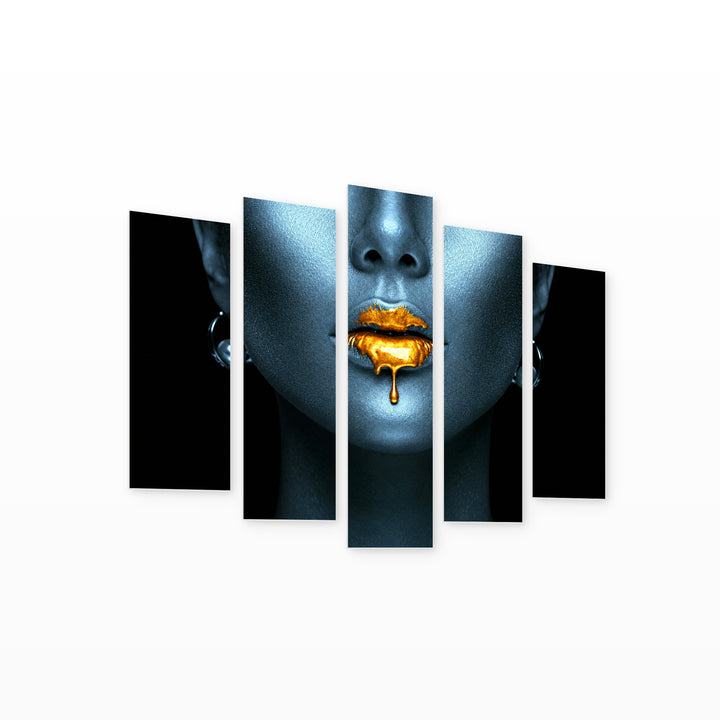 Golden Lips Modern Composition — five-panel wall art on white background in perspective | 5wallart 51821 M1