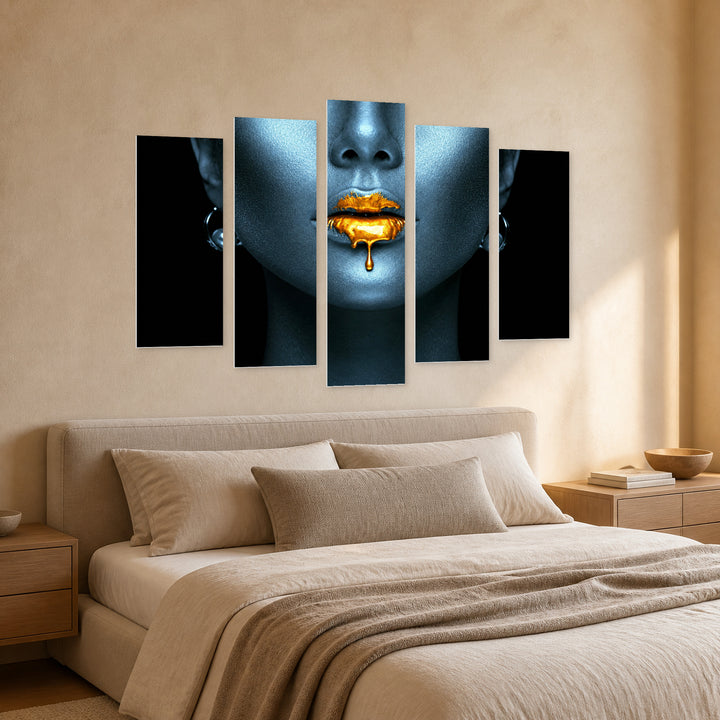 Golden Lips Modern Composition — five-panel wall art in perspective interior | 5wallart 51821 M2