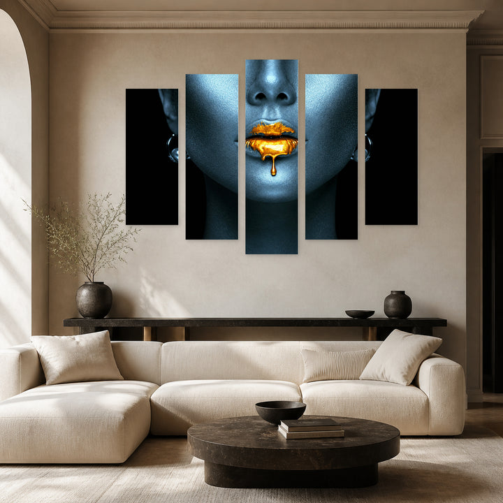 Golden Lips Modern Composition — five-panel wall art in frontal interior | 5wallart 51821 M3